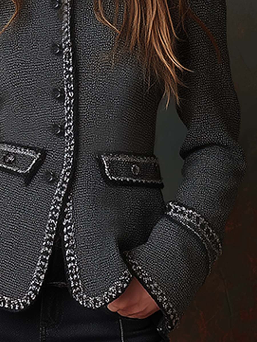 Vintage-Inspired Black Tweed Trim Blazer