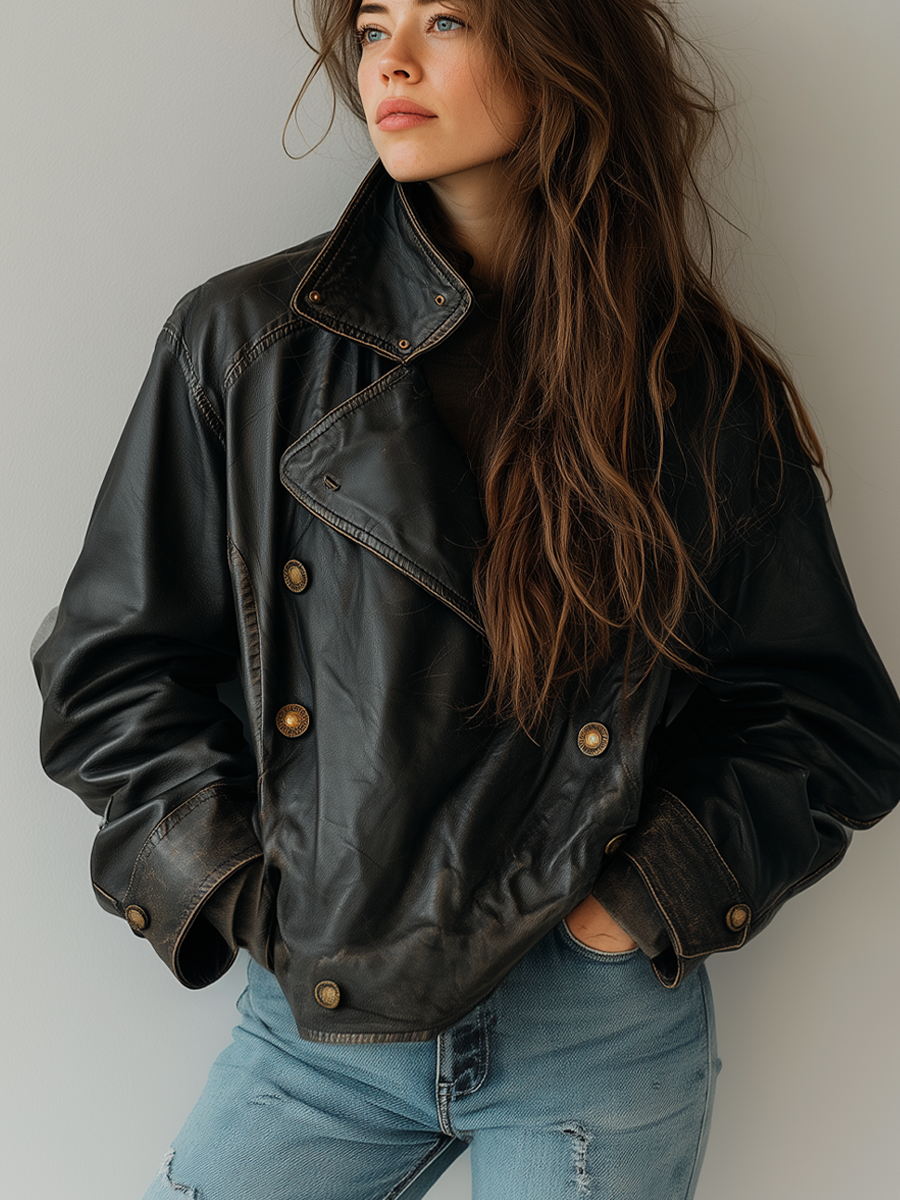 Vintage Double-breasted Lapel Eco-friendly Leather Jacket