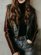 Black Eco Leather Moto Biker Jacket With Burgundy Side Stripes