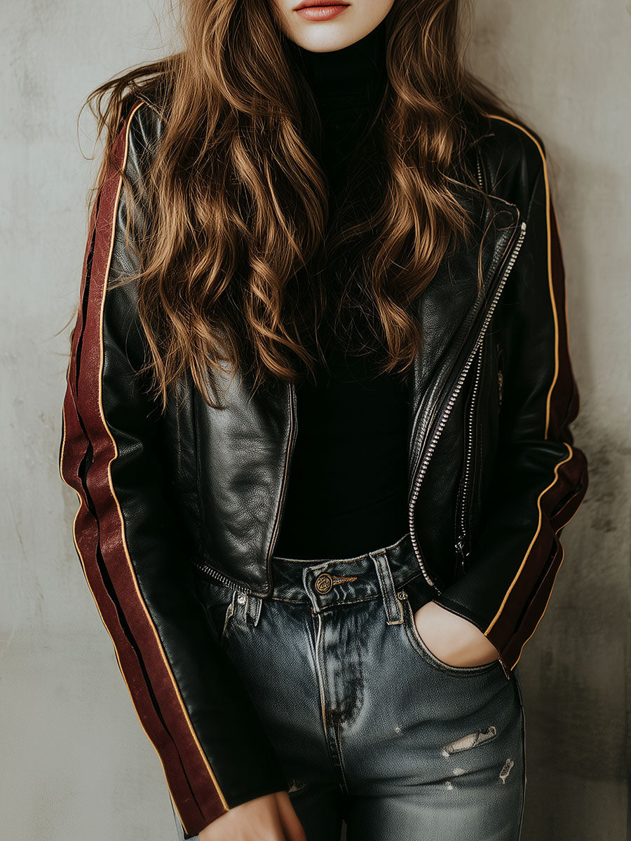 Black Eco Leather Moto Biker Jacket With Burgundy Side Stripes