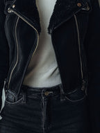 Chic Black Eco Shearling Lining Microsuede Moto Jacket