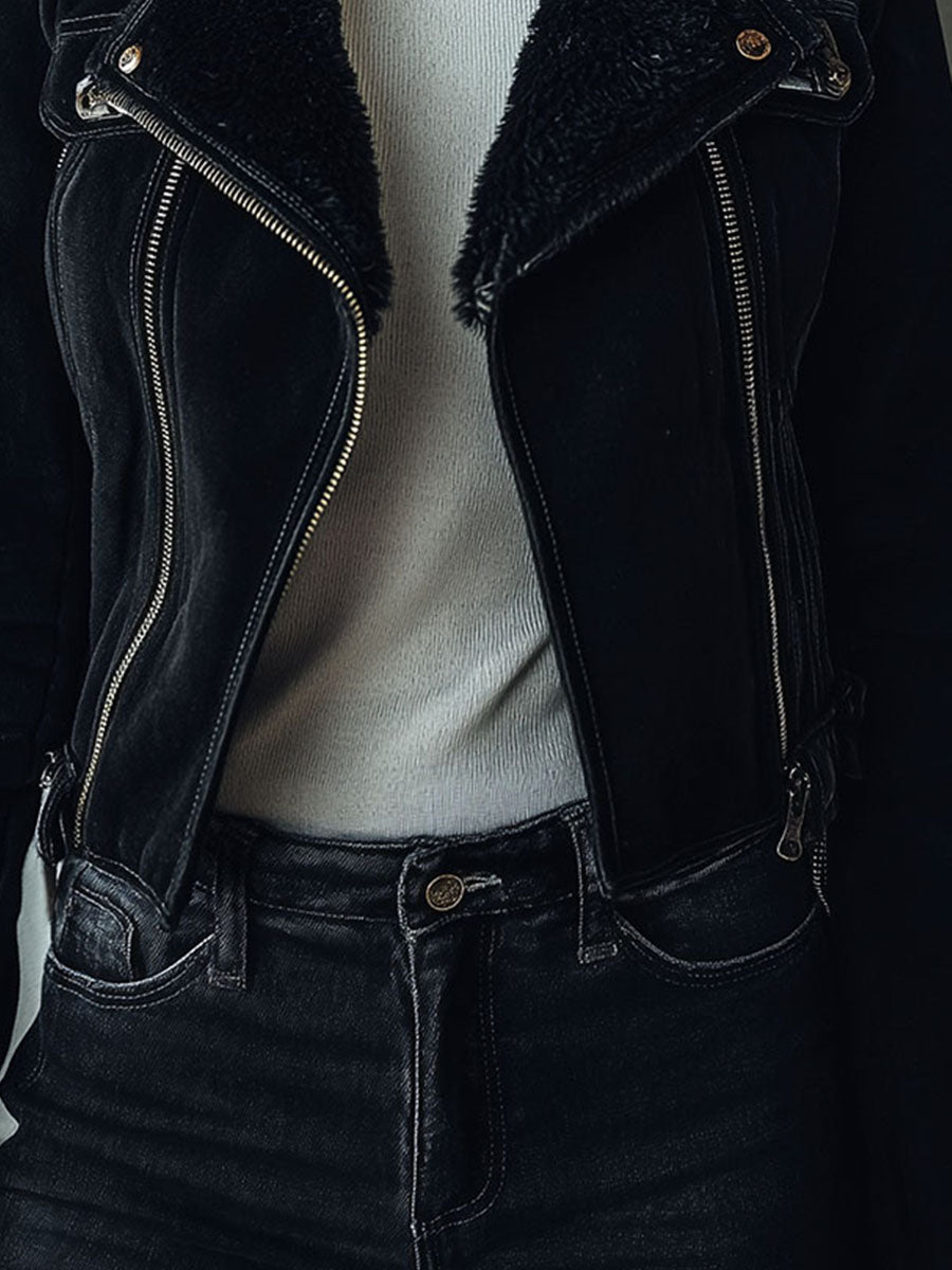 Chic Black Eco Shearling Lining Microsuede Moto Jacket