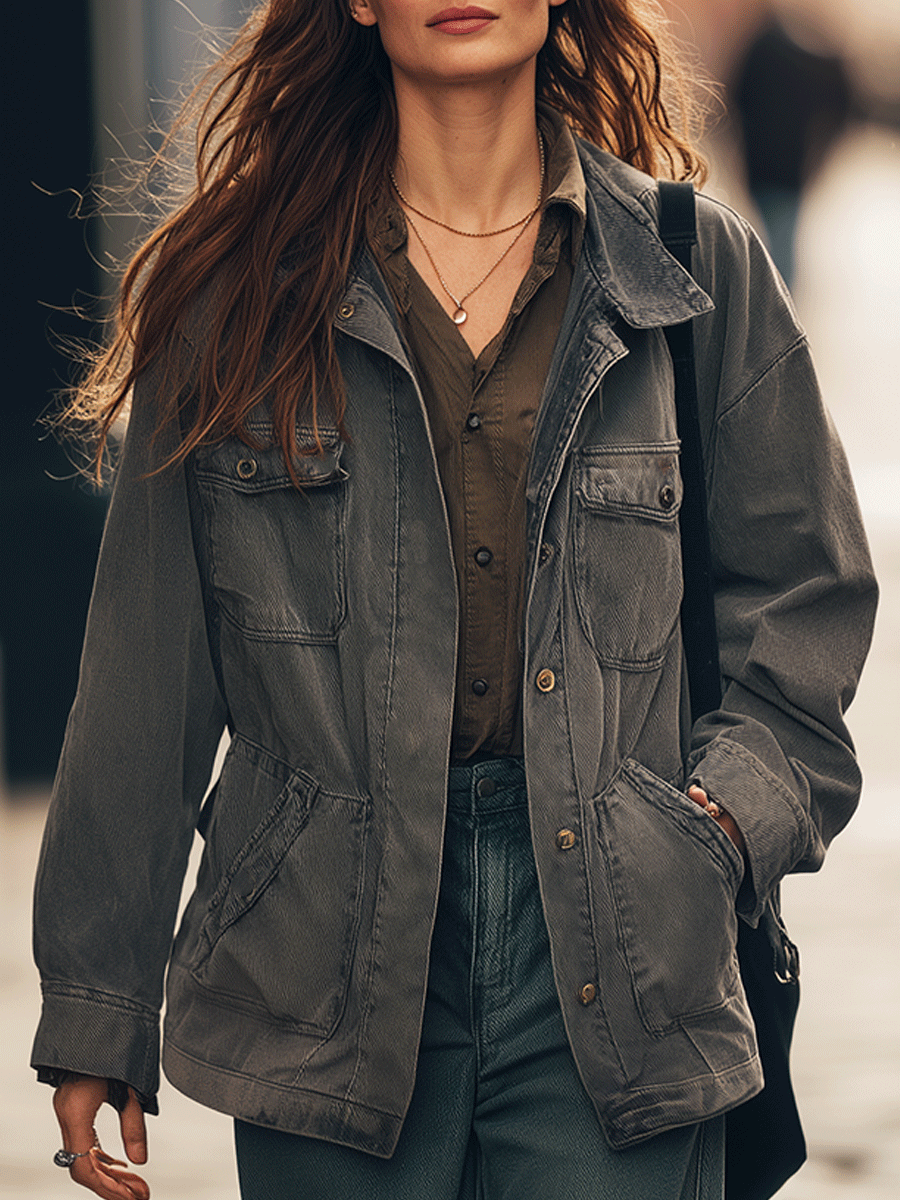 Casual Everyday Multi-Pocket Gray Denim Washed Work Jacket