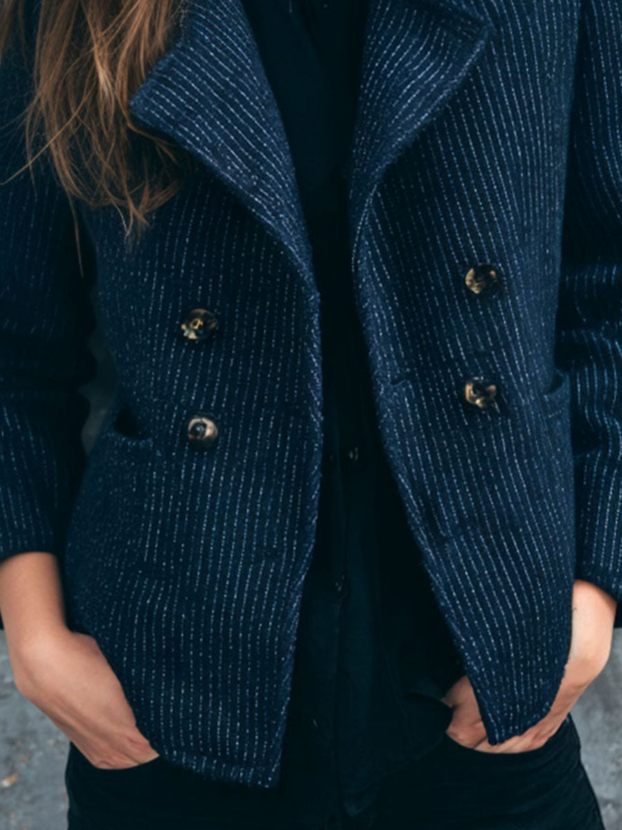 Classic Tailored Navy Blue Pinstripe Wool Double-Breasted Blazer