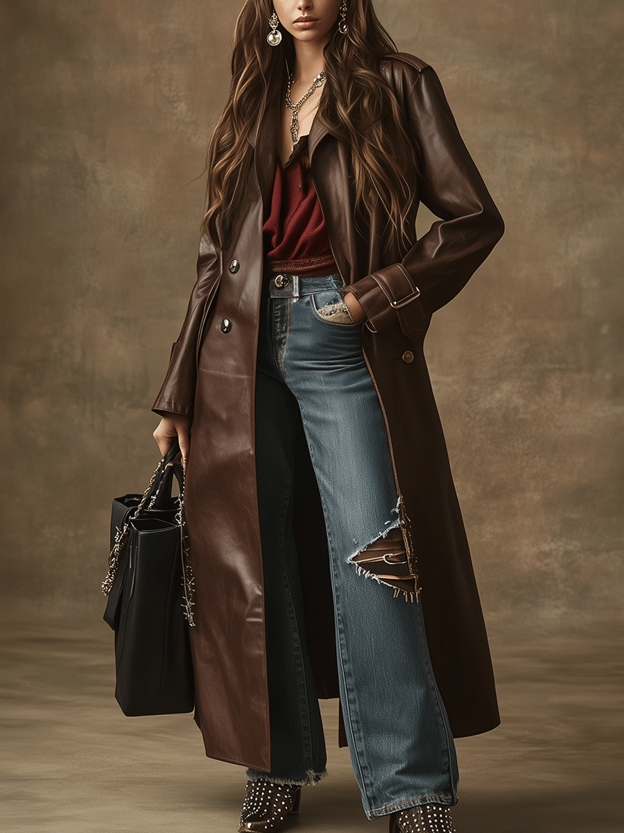 Vintage Western Chic Dark Brown Leather Trench Coat
