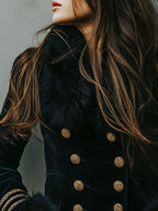 Retro Black Velvet Double-Breasted Tailored Jacket With Eco Fur Trim