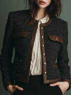 Classic Vintage Leather Trim Tweed Jacket
