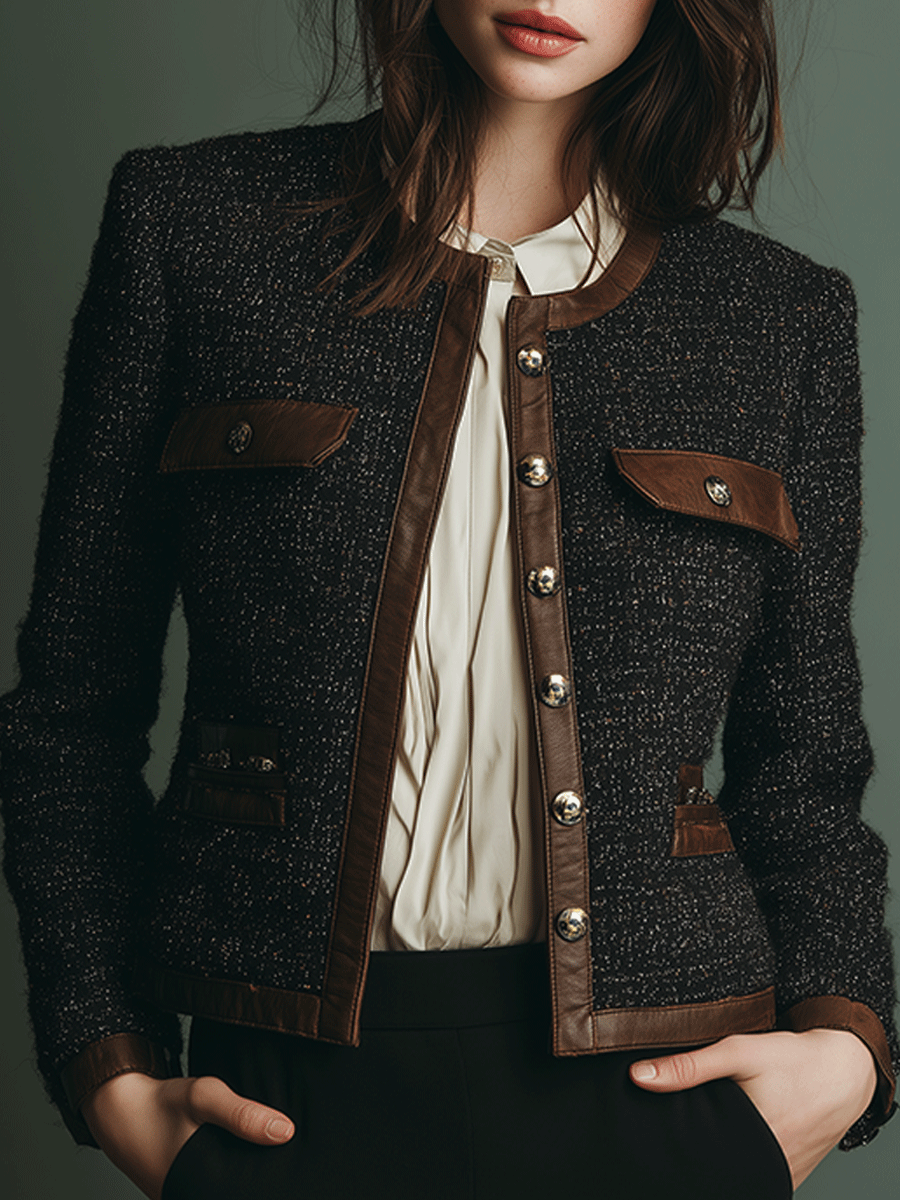 Classic Vintage Leather Trim Tweed Jacket