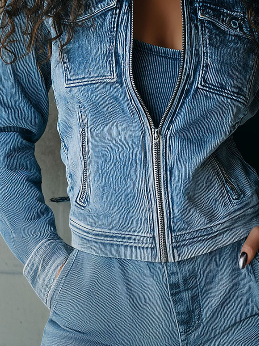 Casual High Collar Light Blue Zip-Up Denim Jacket With Pockets