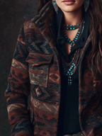 Retro Boho Geometric Print Cargo Wool Short Jacket
