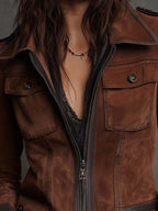 Vintage Brown Suede Jacket With Contrast Trim