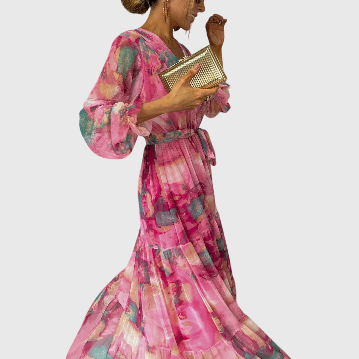 Theanoelle - Floral Print Wrap Maxi Dress with Long Sleeves