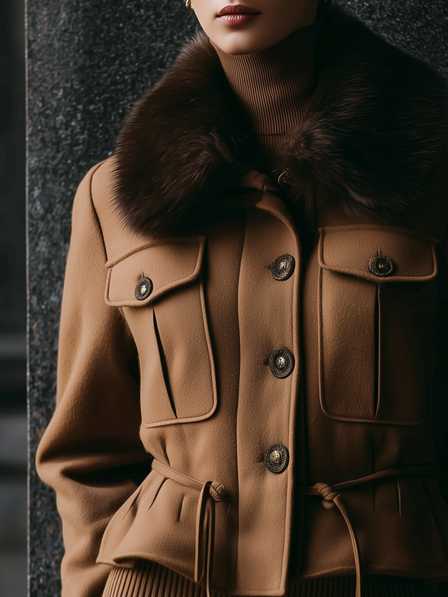 Vintage Military Style Wool Blend Fur Collar Jacket