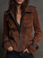 Vintage Brown Suede Jacket With Contrast Trim