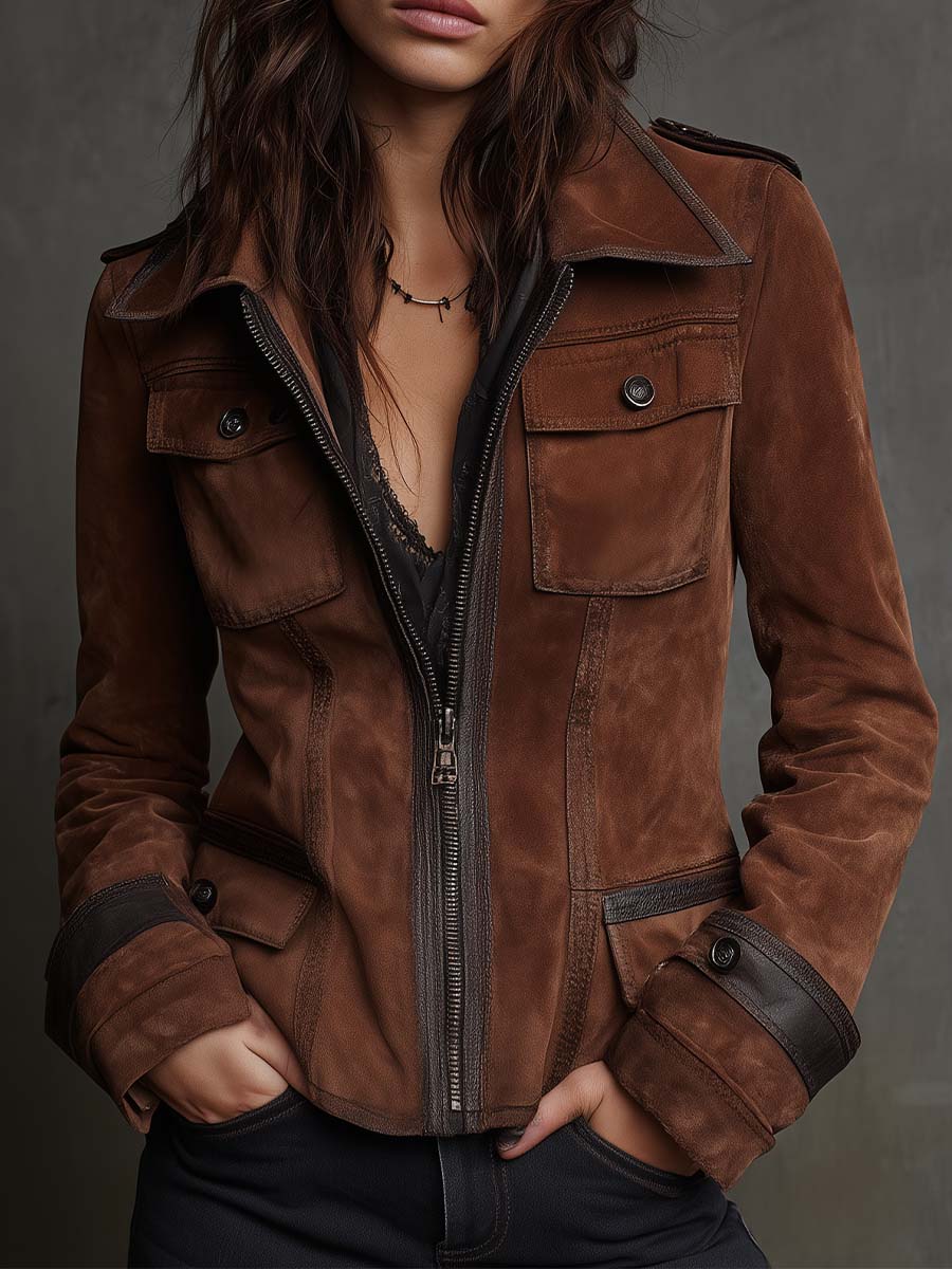 Vintage Brown Suede Jacket With Contrast Trim