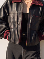 Casual Black Eco Leather Bomber Jacket With Burgundy Velvet Collar & Cuff