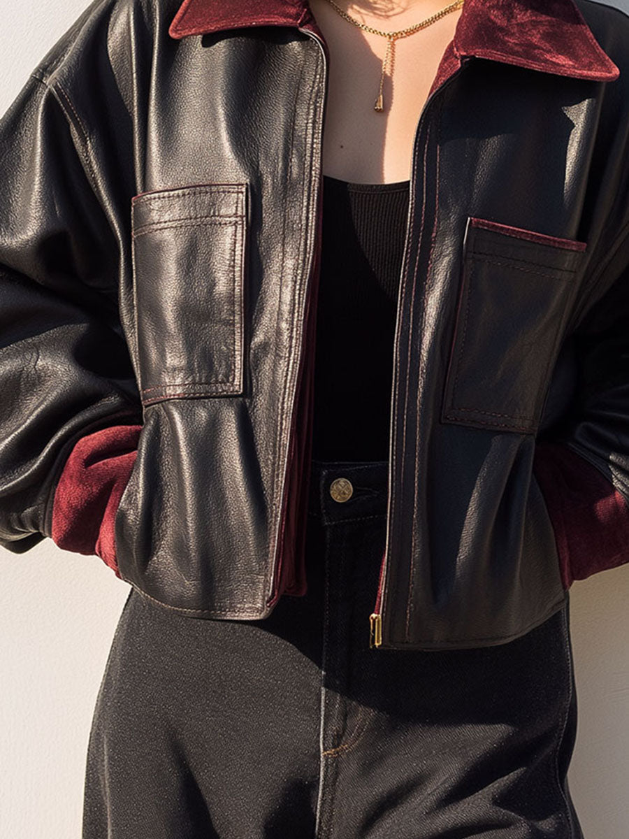 Casual Black Eco Leather Bomber Jacket With Burgundy Velvet Collar & Cuff