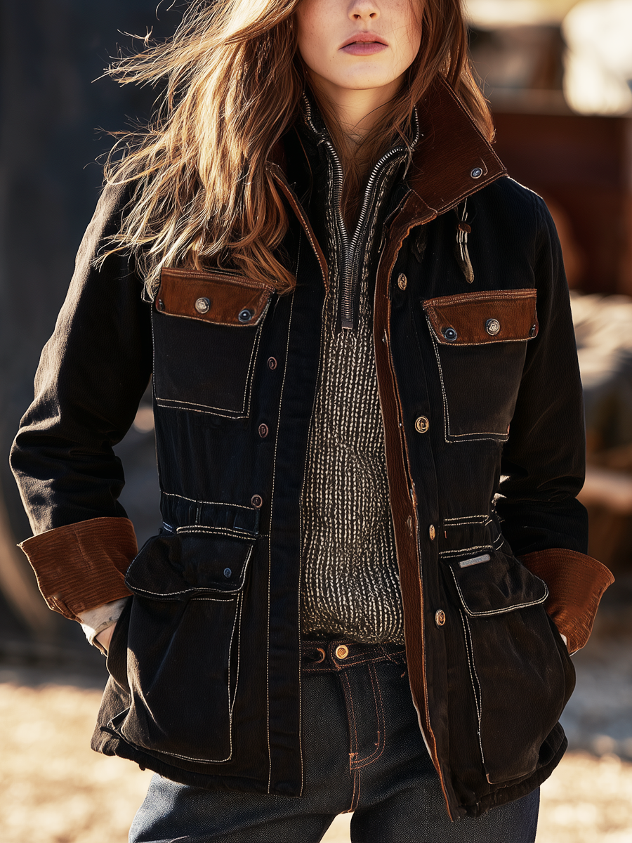 Retro Contrast Color Trim Multi-pocket Workwear Jacket