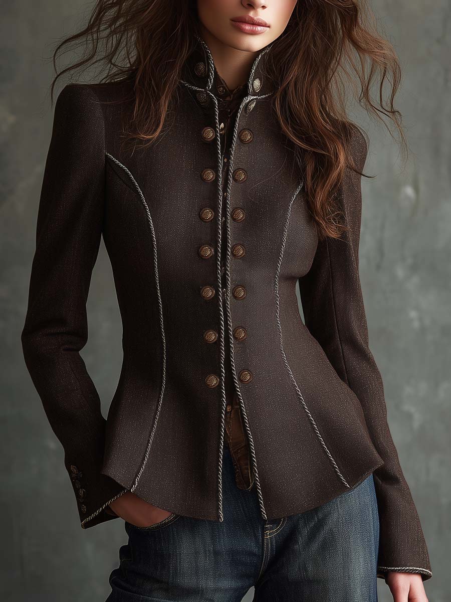 Vintage Military-Inspired Brown Fitted Jacket