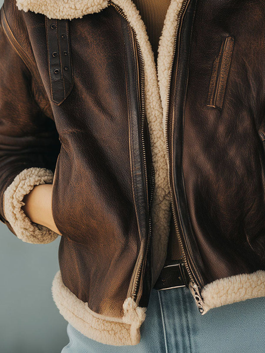 Vintage Shearling Dark Brown Eco Leather Aviator Bomber Jacket