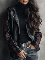 Asymmetric Zipper Black Eco Leather Moto Biker Jacket With Burgundy Stripes