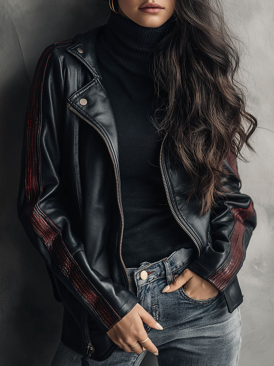 Asymmetric Zipper Black Eco Leather Moto Biker Jacket With Burgundy Stripes