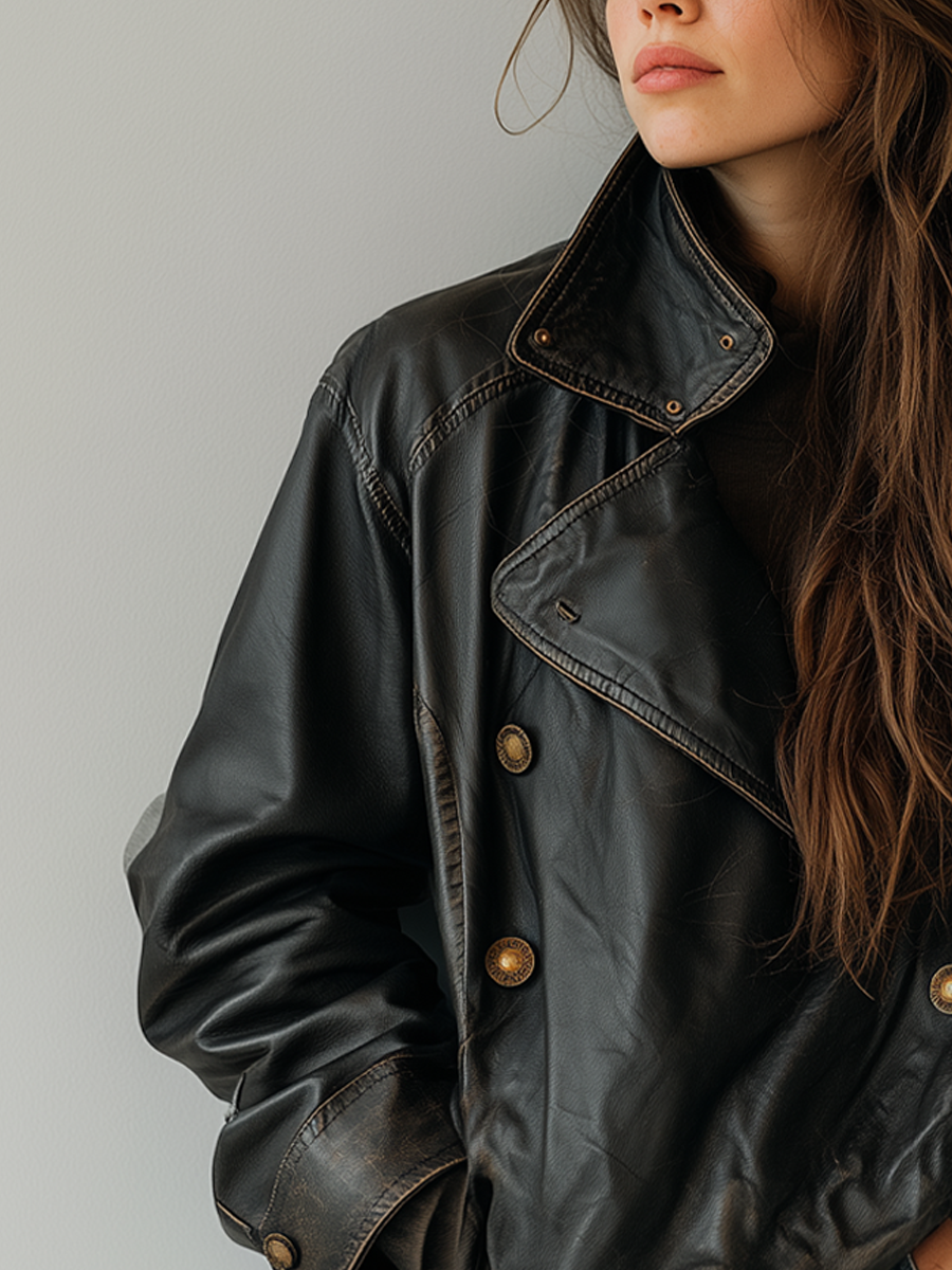 Vintage Double-breasted Lapel Eco-friendly Leather Jacket