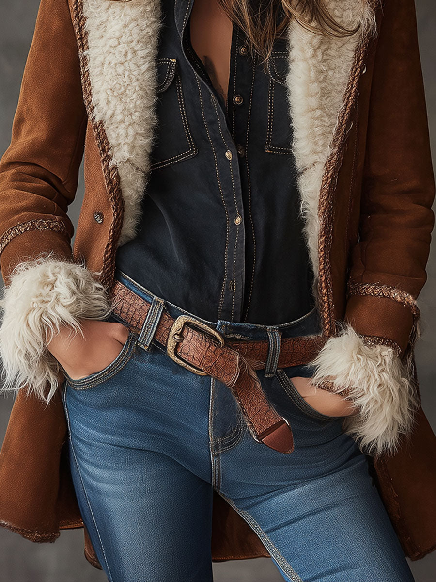 Vintage Suede Sherpa Patchwork Waist Midi Coat