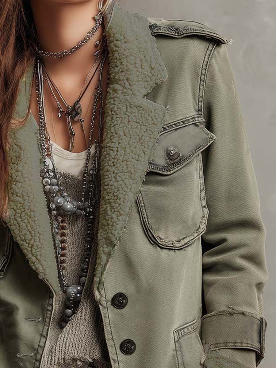 Vintage Olive Green Sherpa-Lined Utility Jacket