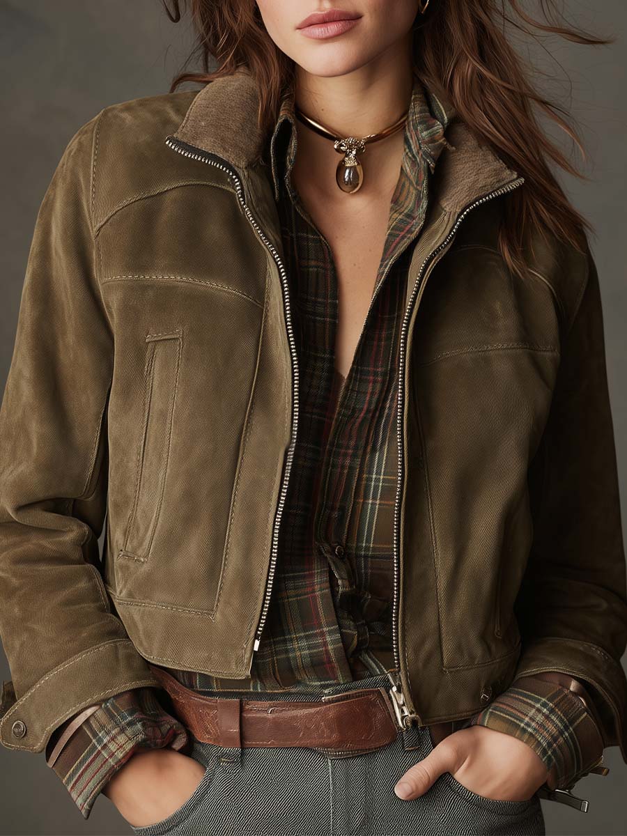 Vintage Olive Suede Cropped Jacket