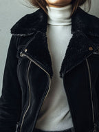 Chic Black Eco Shearling Lining Microsuede Moto Jacket