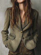 Vintage Olive Green Utility Blazer With Contrast Stitching