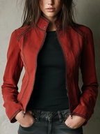Retro Stand Collar Contrast Stitching Zipper Distressed Jacket