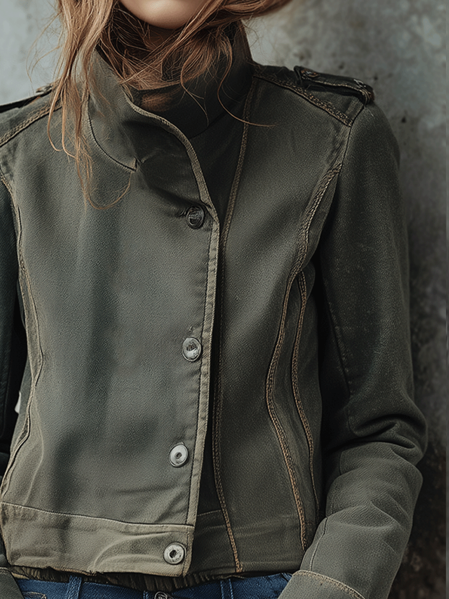 Casual Loose Olive Green Military Cropped Jacket