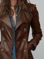 Vintage Brown Leather Double-Breasted Trench Coat