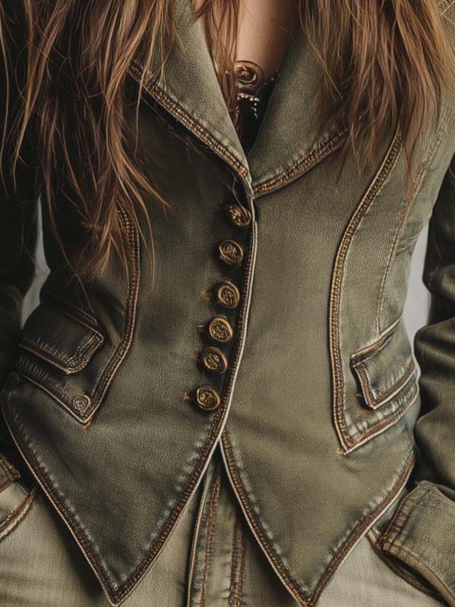 Vintage Olive Green Tailored Blazer With Statement Buttons