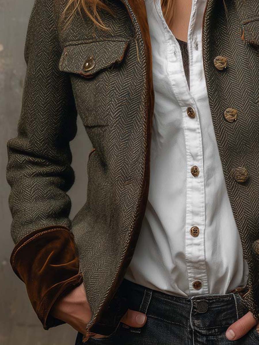 Vintage Herringbone Tweed Blazer With Velvet Trim