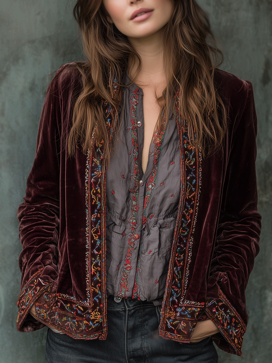 Bohemian Embroidered Velvet Jacket