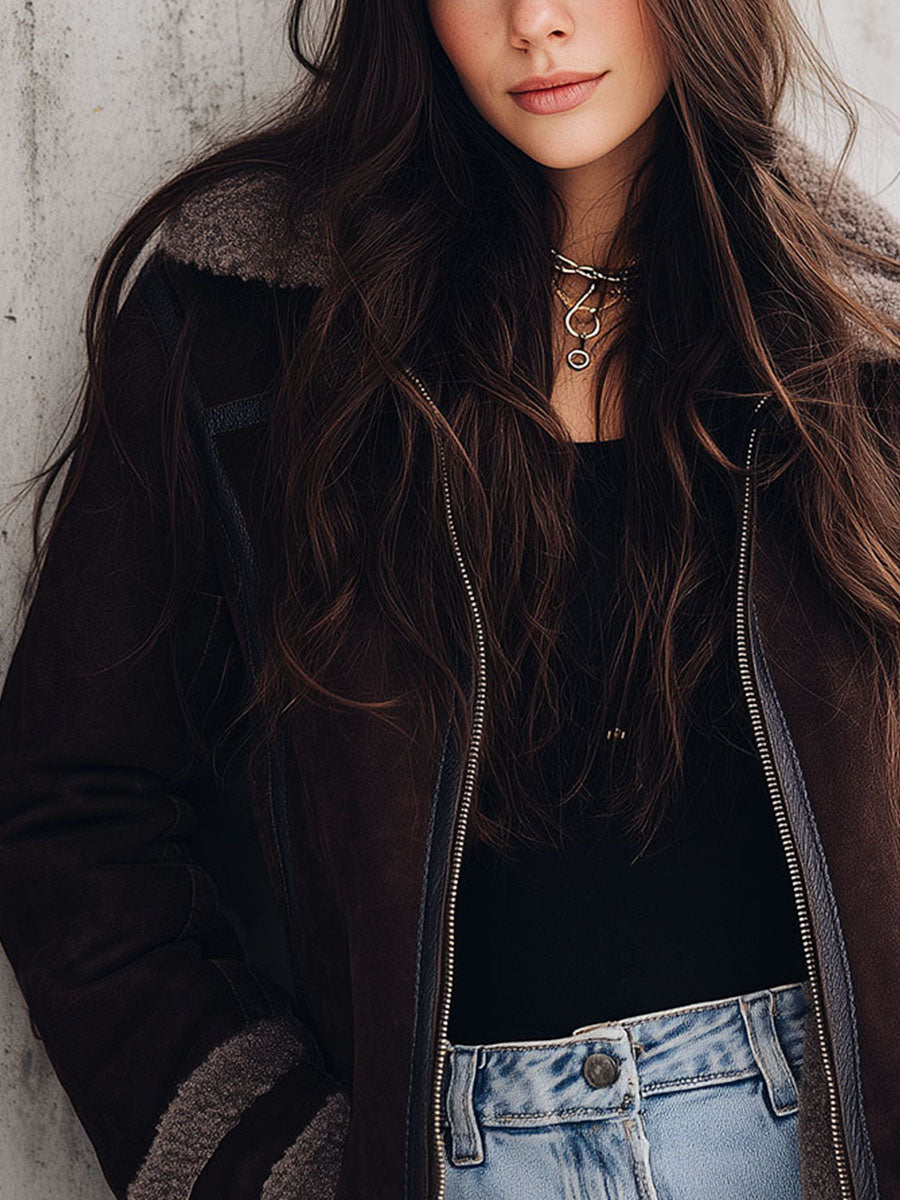 Chic Brown Microsuede Shearling Aviator Jacket With Fleece Lining