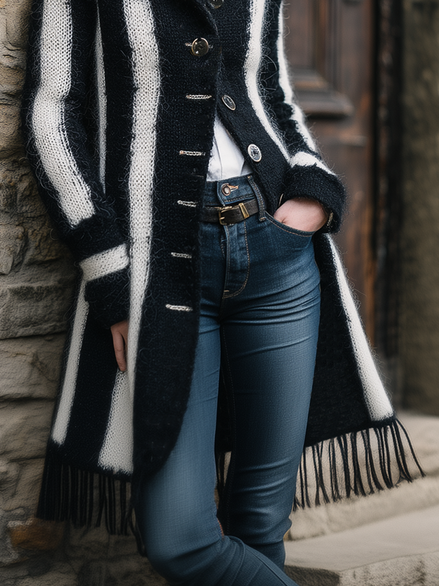 Vintage Striped Fringed Hem Knitted Jacket