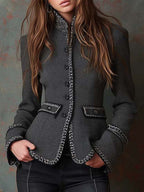 Vintage-Inspired Black Tweed Trim Blazer
