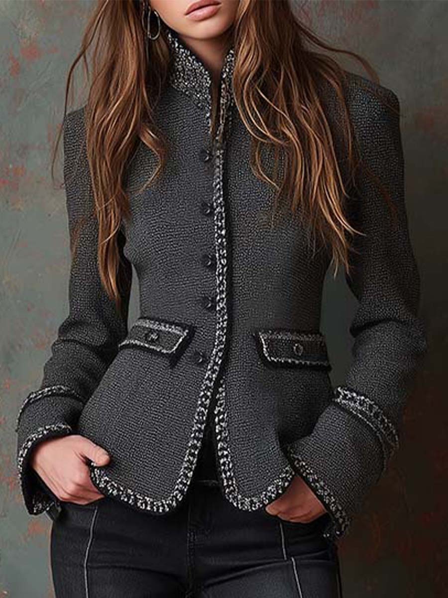 Vintage-Inspired Black Tweed Trim Blazer