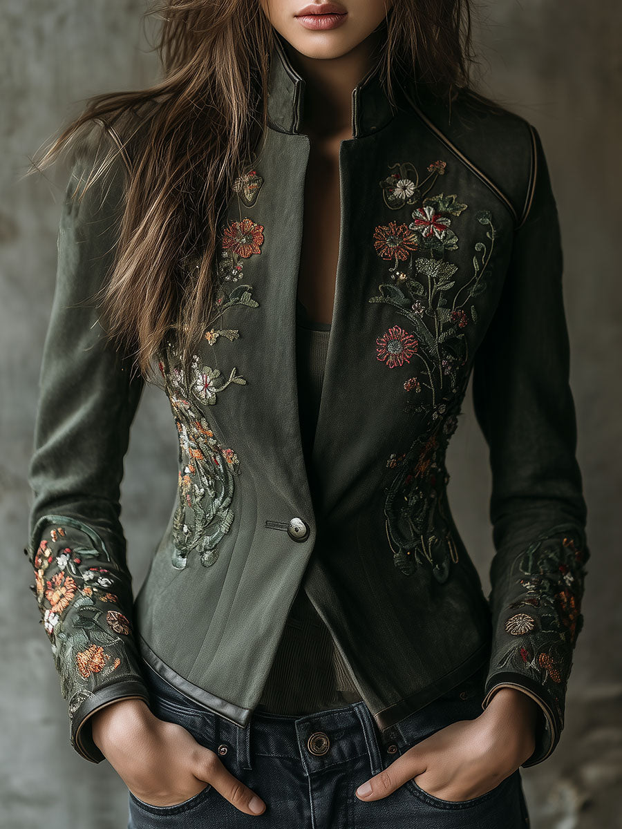 Vintage Mandarin Collar Tailored Embroidered Dark Green Jacket