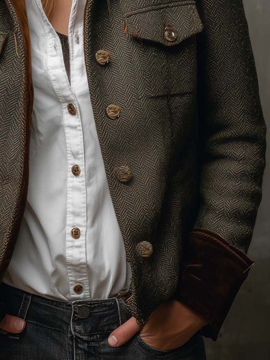 Vintage Herringbone Tweed Blazer With Velvet Trim