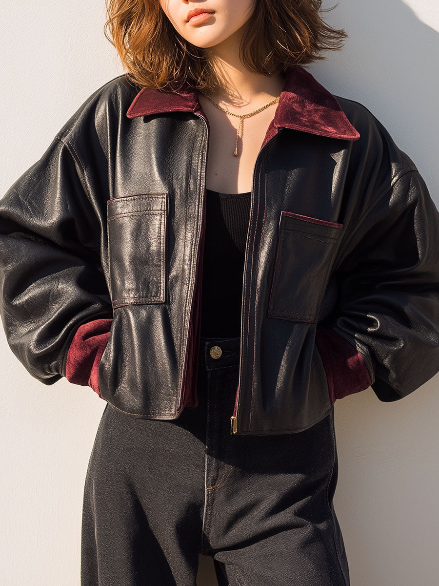 Casual Black Eco Leather Bomber Jacket With Burgundy Velvet Collar & Cuff
