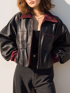 Casual Black Eco Leather Bomber Jacket With Burgundy Velvet Collar & Cuff