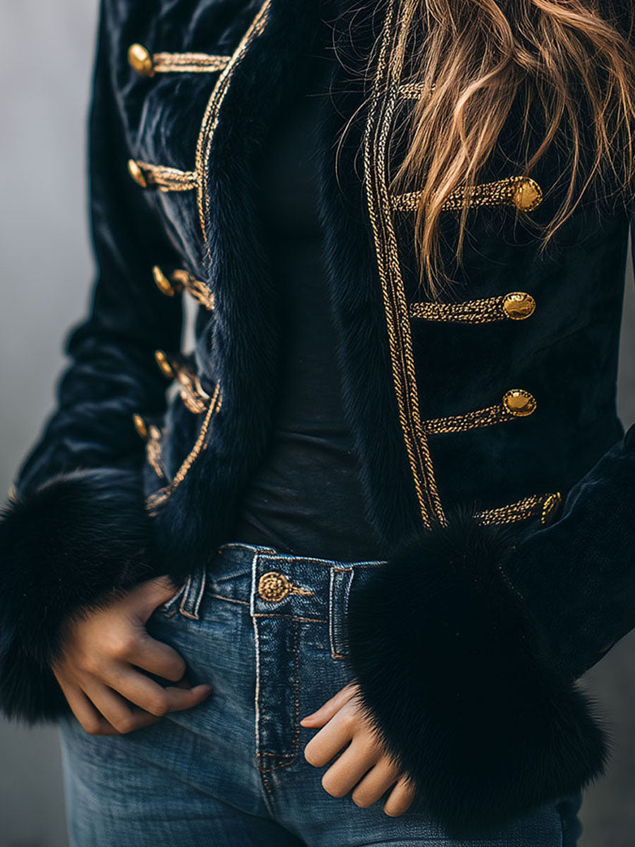 Vintage Navy Velvet Gold Button & Braid Jacket With Eco Fur Trim