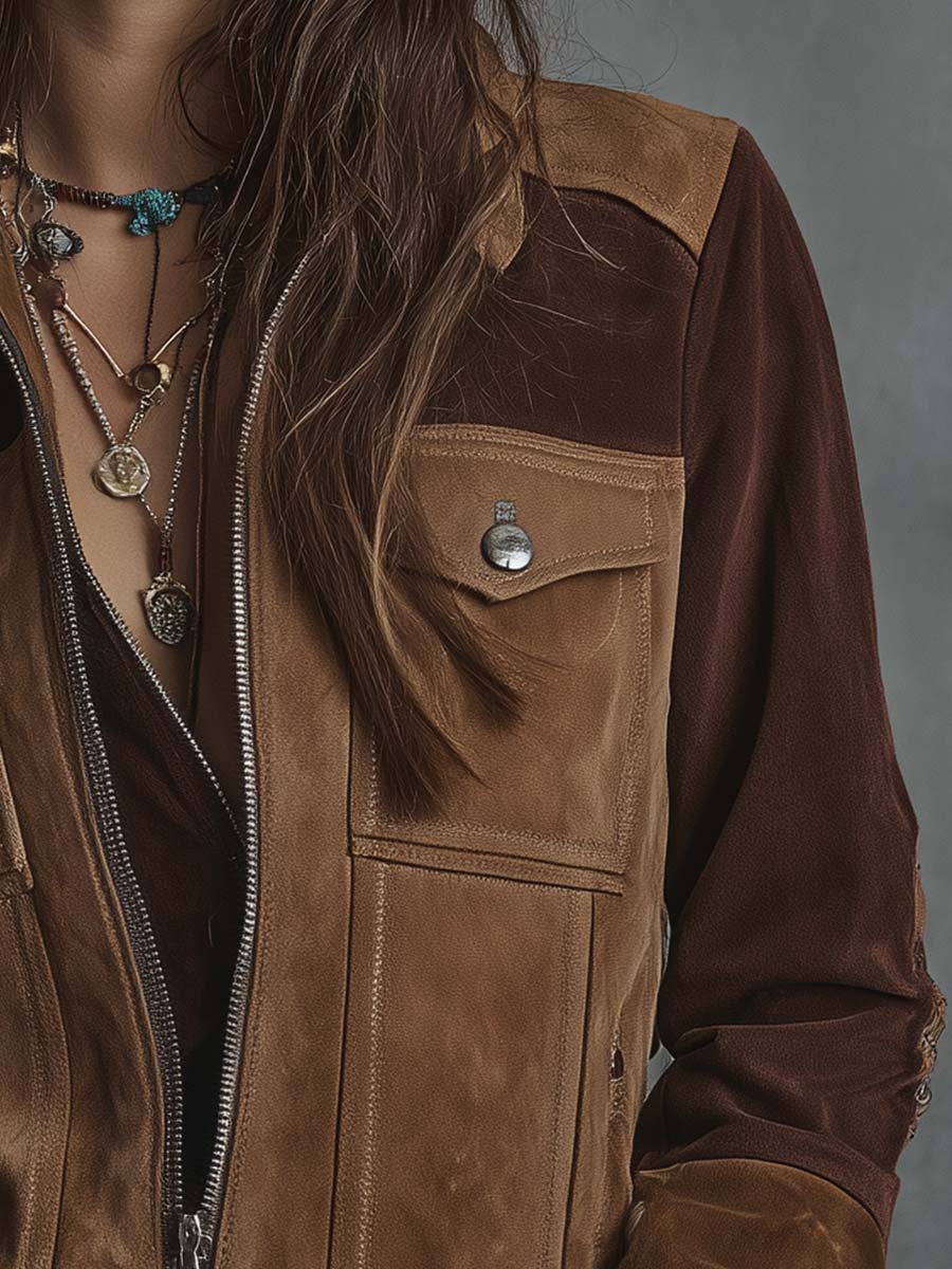 Vintage Suede Patchwork Jacket With Zipper Closure