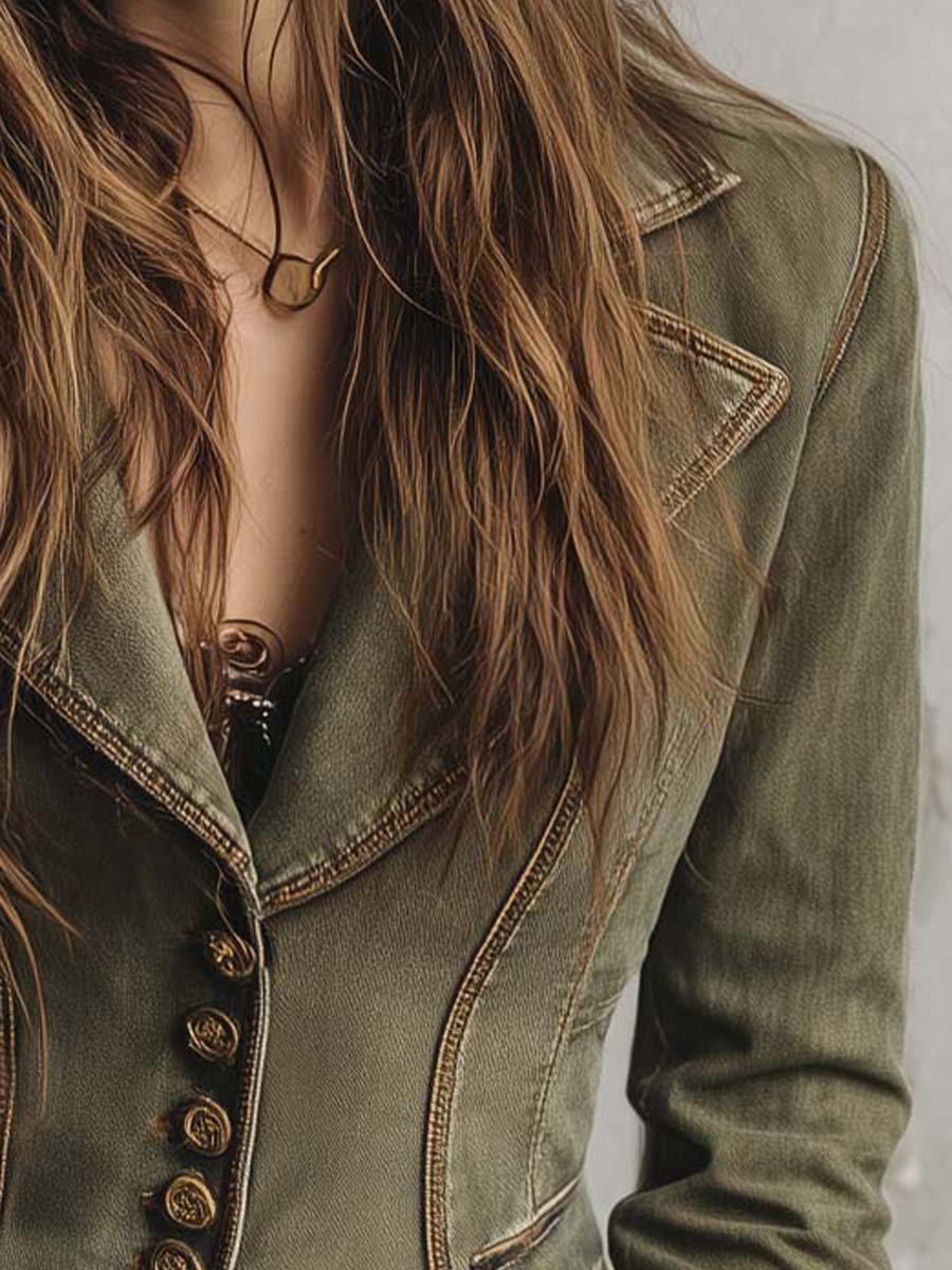 Vintage Olive Green Tailored Blazer With Statement Buttons