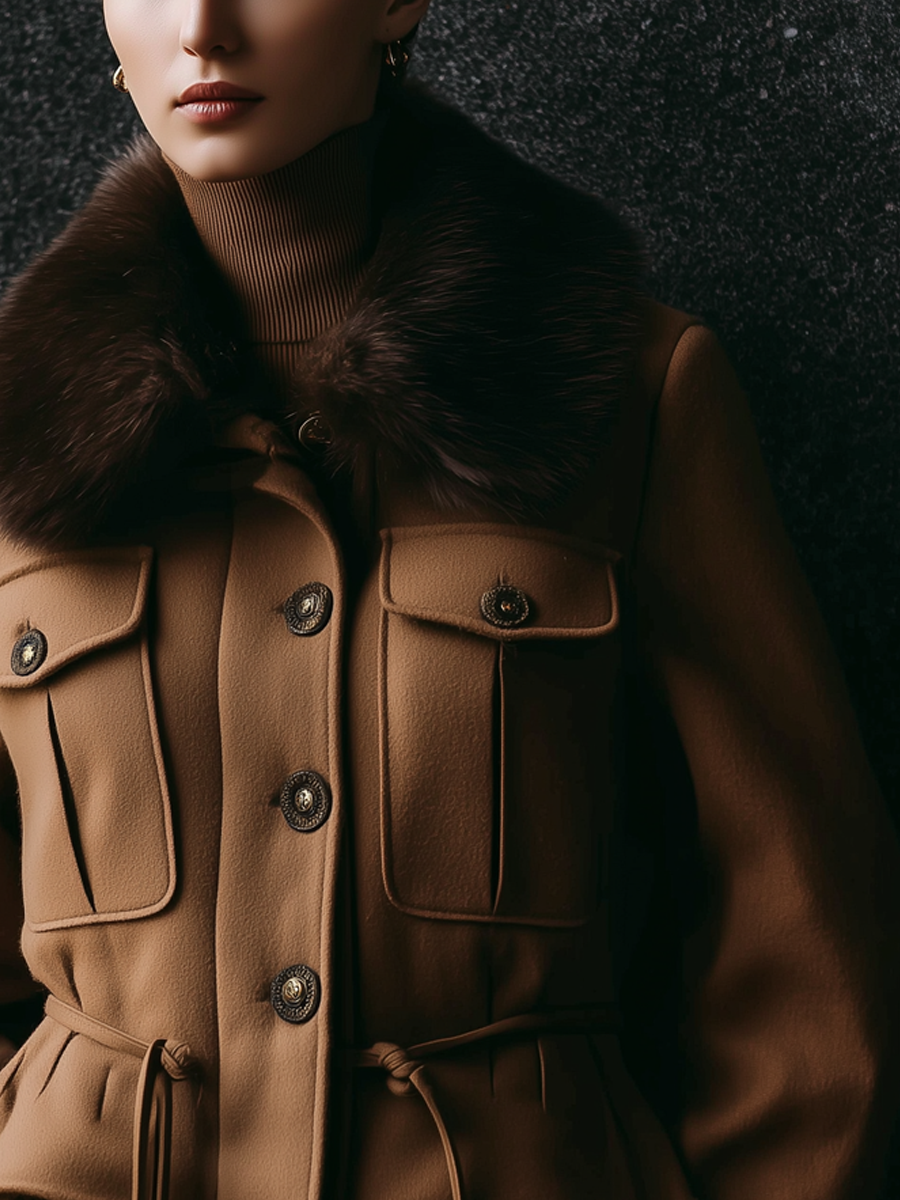 Vintage Military Style Wool Blend Fur Collar Jacket